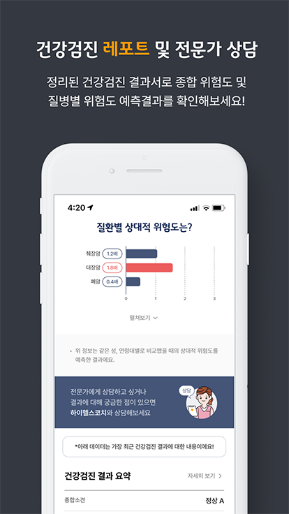 건강검진 레포트 및 전문가 상담. 정리된 건강검진 결과서로 종합 위험도 및 질병별 위험도 예측결과를 확인해보세요!