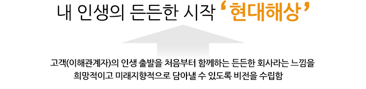 내 인생의 든든한 시작 '현대해상' 고객(이해관계자)의 인생 출발을 처음부터 함께하는 든든한 회사라는 느낌을 희망적이고 미래지향적으로 담아낼 수 있도록 비전을 수립함